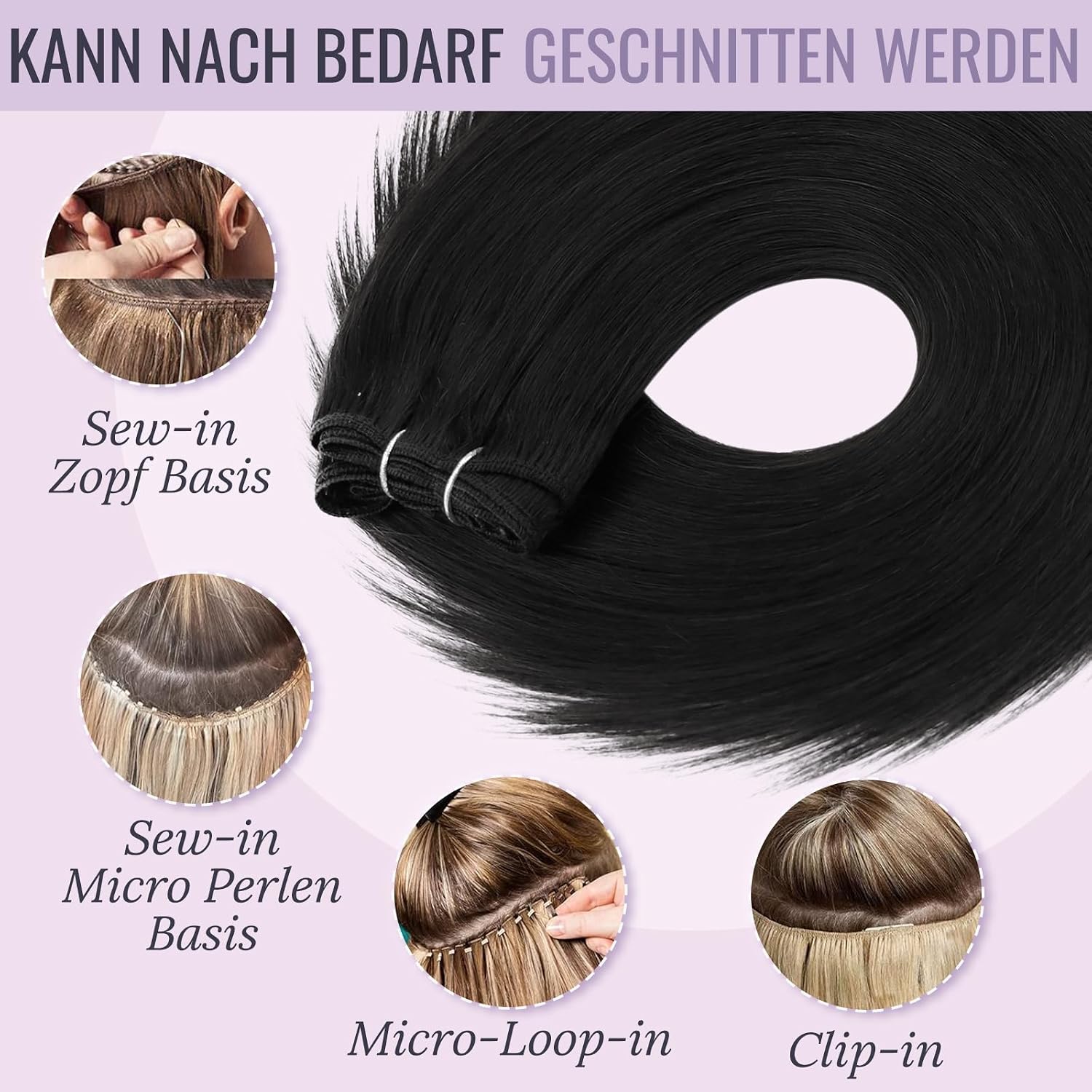 Detalle de Fshine Echthaar-Haarverlängerung als Tressen (60 cm, 100 g) in Pechschwarz zum Einnähen