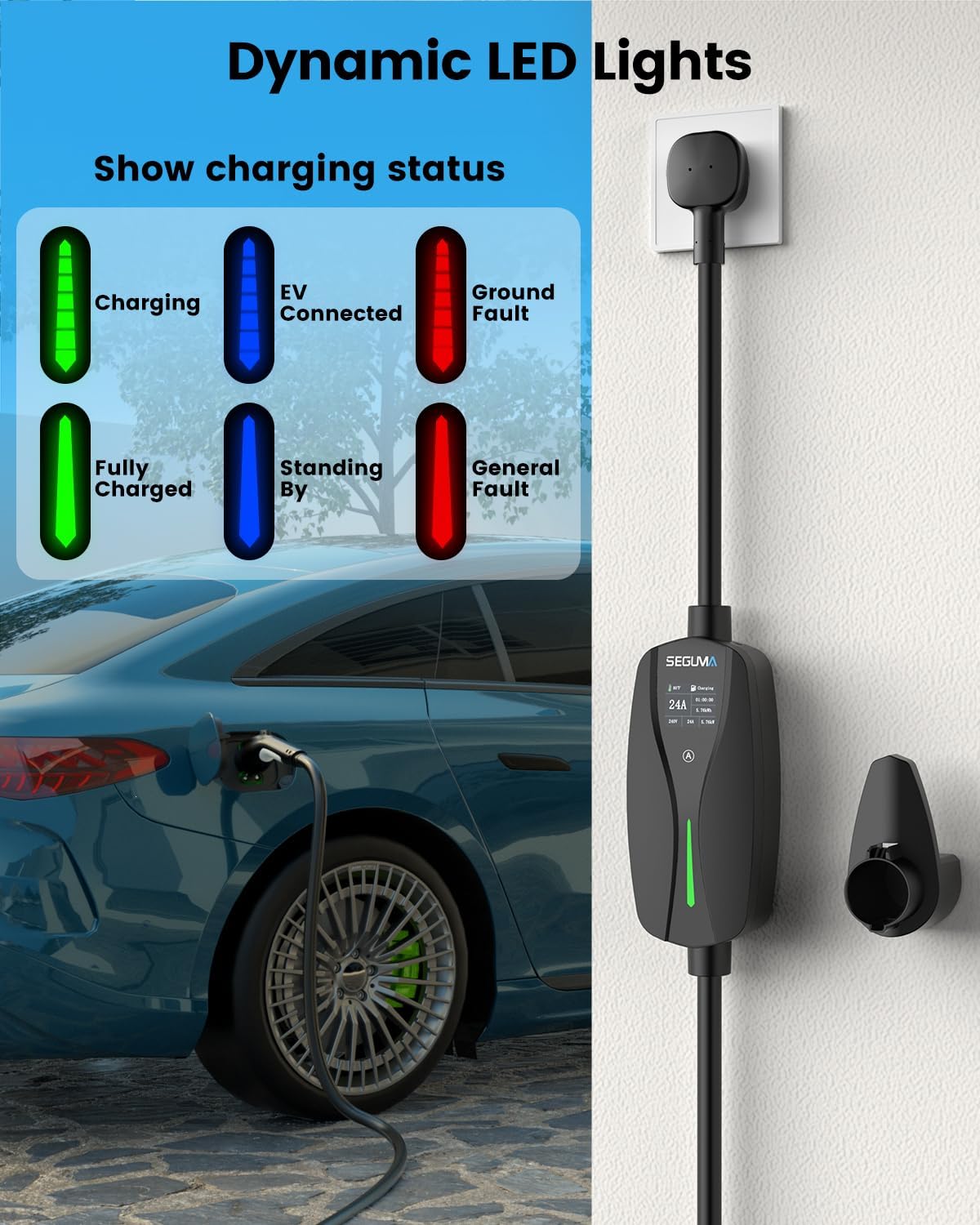 Detalle 2 de SEGUMA Level 2 EV Charger with NEMA 10-30 Plug, 24A 240V (10–24A Adjustable), 25FT J1772 Portable Dryer-Outlet Charger