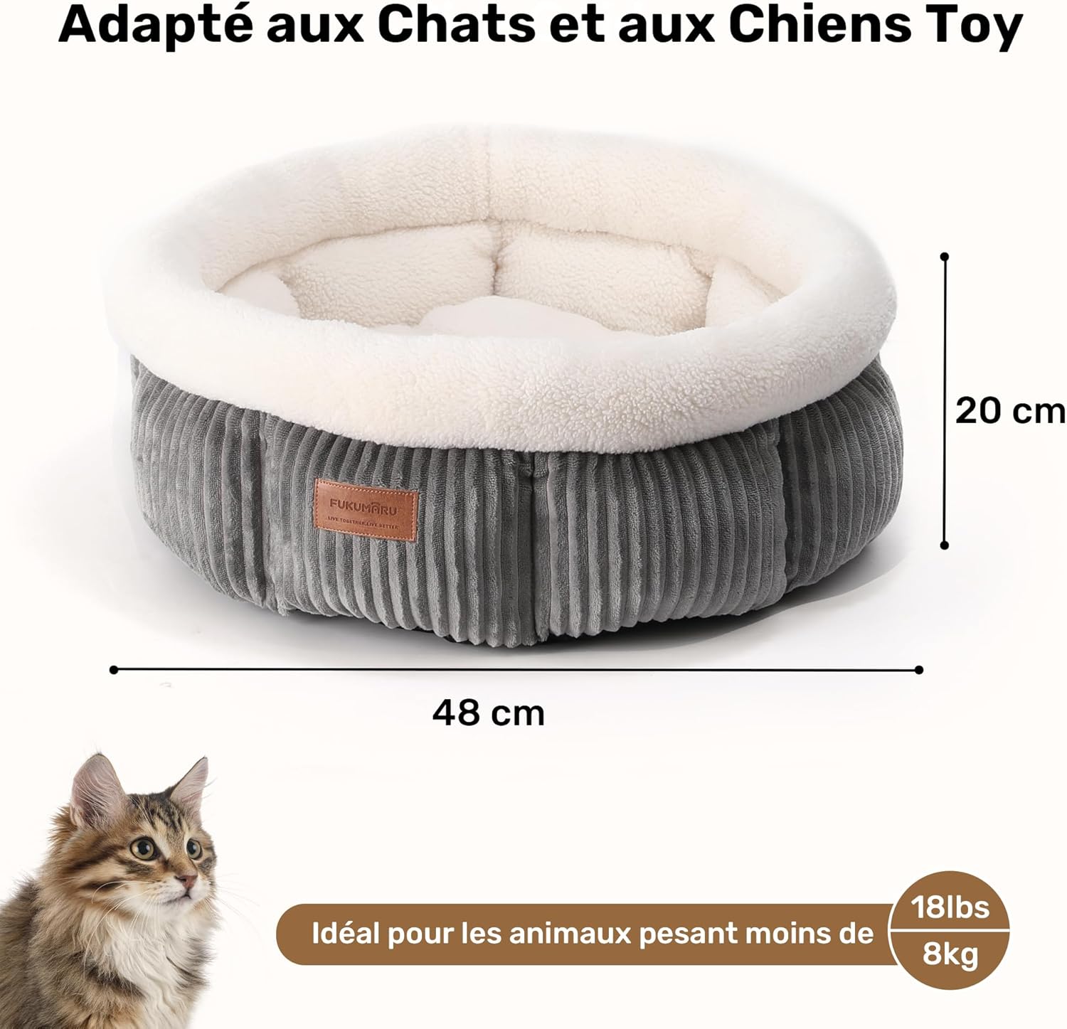 Thumbnail 2 de FUKUMARU Lit pour Chat rond en peluche (cordon d’intérieur) – Gris