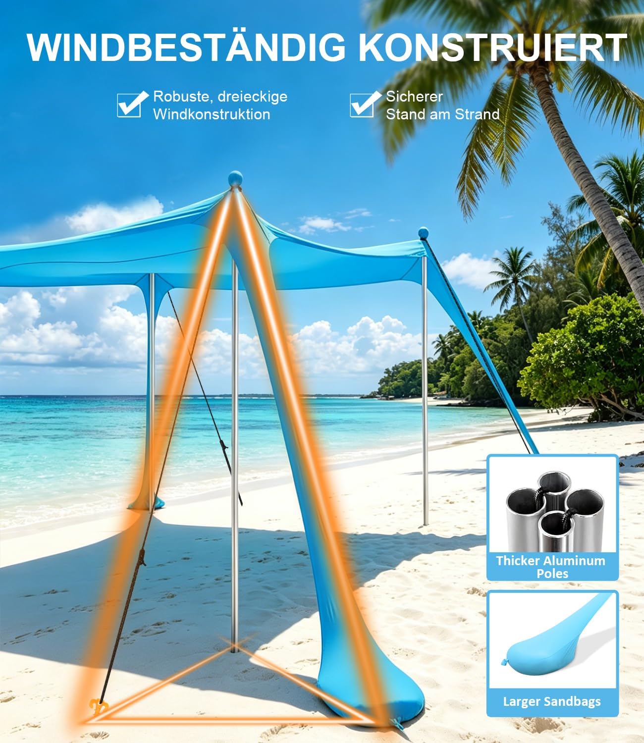 Detalle de MAXVINI UPF50+ Strandzelt 3 m x 3 m – Schatten, Stabilität und Vielseitigkeit für Strand, Camping und Garten