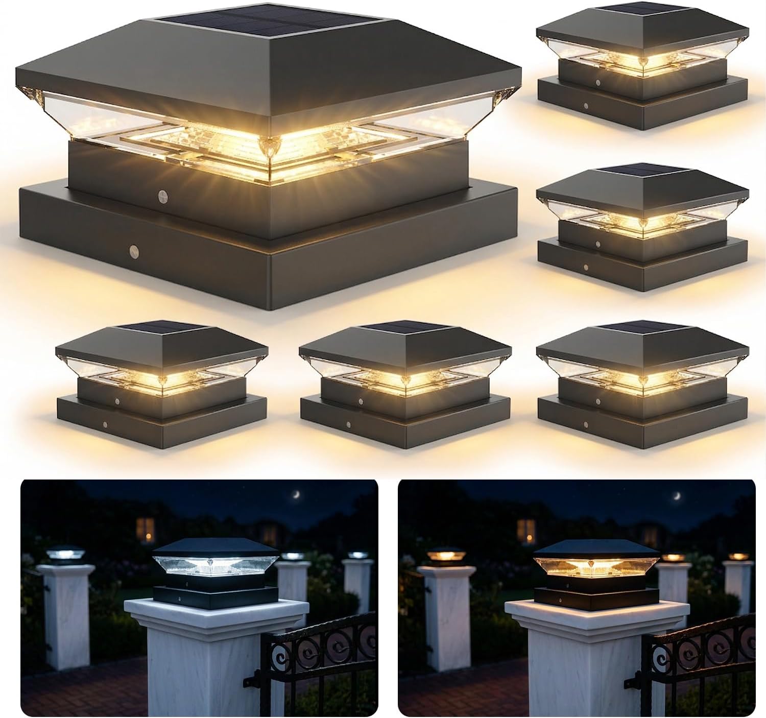 Detalle de NATPOW Solar Post Lights – 6 Pack, Solar Post Cap Lights for 3.5x3.5, 4x4 and 5x5 Posts, Warm & Cool White, IP65 Outdoor