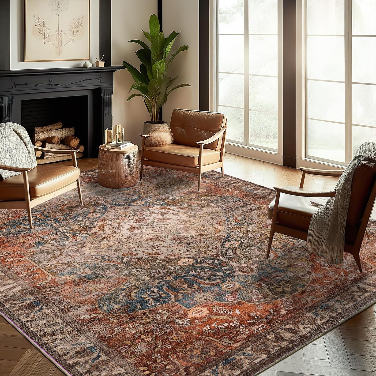 Detalle de chamler 10'x14' Washable Boho Chic Area Rug with Medallion Distressed Design