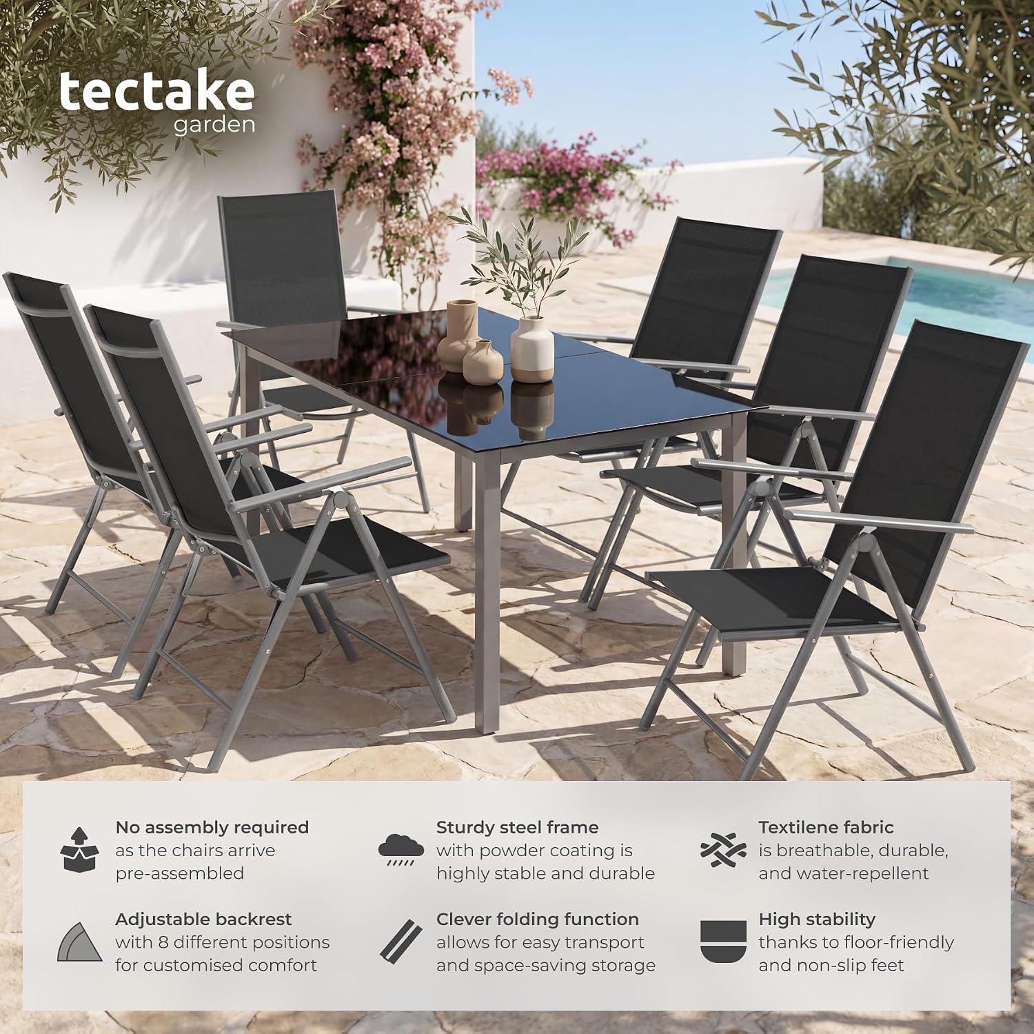 Detalle de tectake Marcellino trädgårdsstolar, 4-pack i aluminium med fällbar design