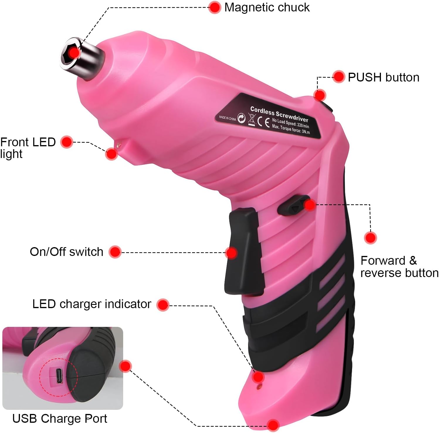 Detalle de Electric Drill Screwdriver 49-in-1: Portable Cordless Set with LED, 2-Position Handle and USB Charging