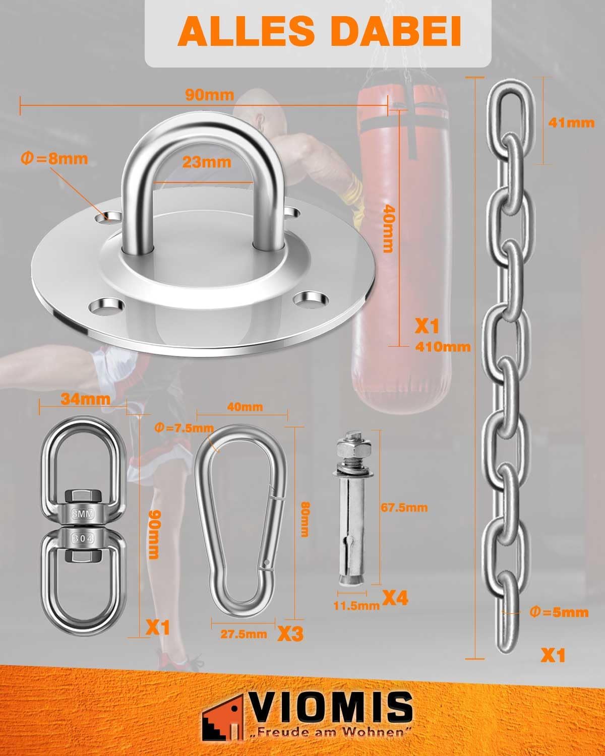 Thumbnail 5 de Viomis Deckenhaken für Hängesessel (bis 400 kg) – 360° Drehung, Edelstahl-Komplettset mit 30 cm Kette & 3 Karabinern
