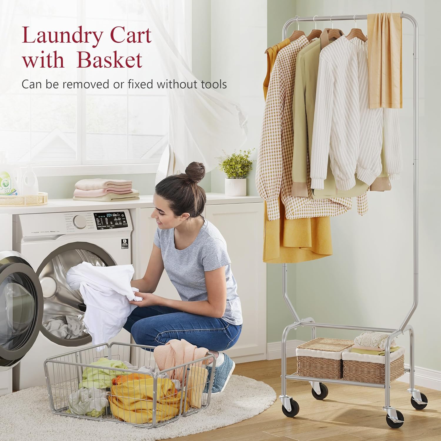 Thumbnail 1 de Tajsoon Laundry Cart with Clothes Rack (Chrome) – mobile laundry hamper with hanging rail and lockable wheels