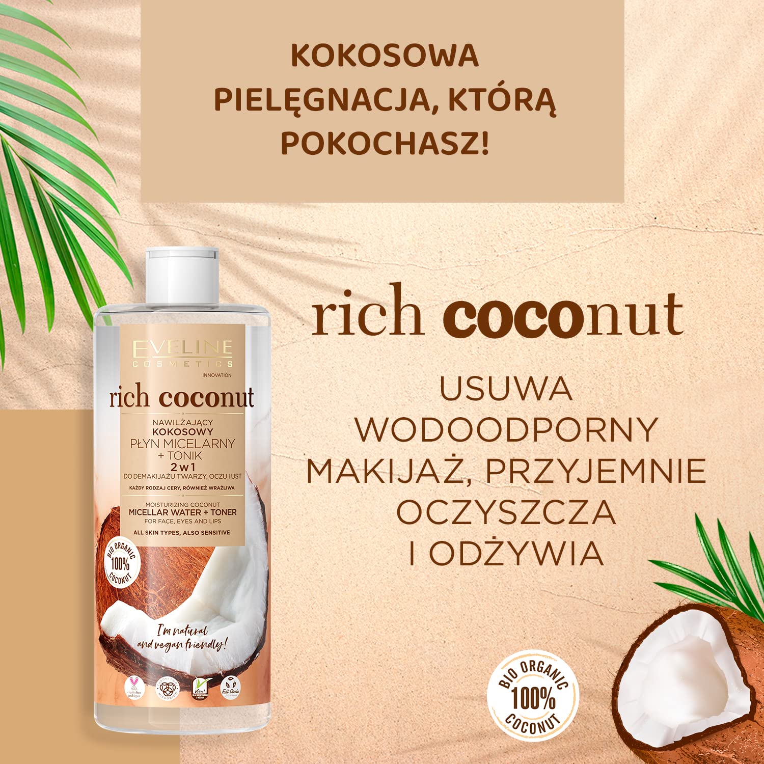 Detalle 2 de Eveline Cosmetics Rich Coconut 2‑in‑1 Feuchtigkeitsspendende Kokosmizellen-Flüssigkeit & Toner, 500 ml