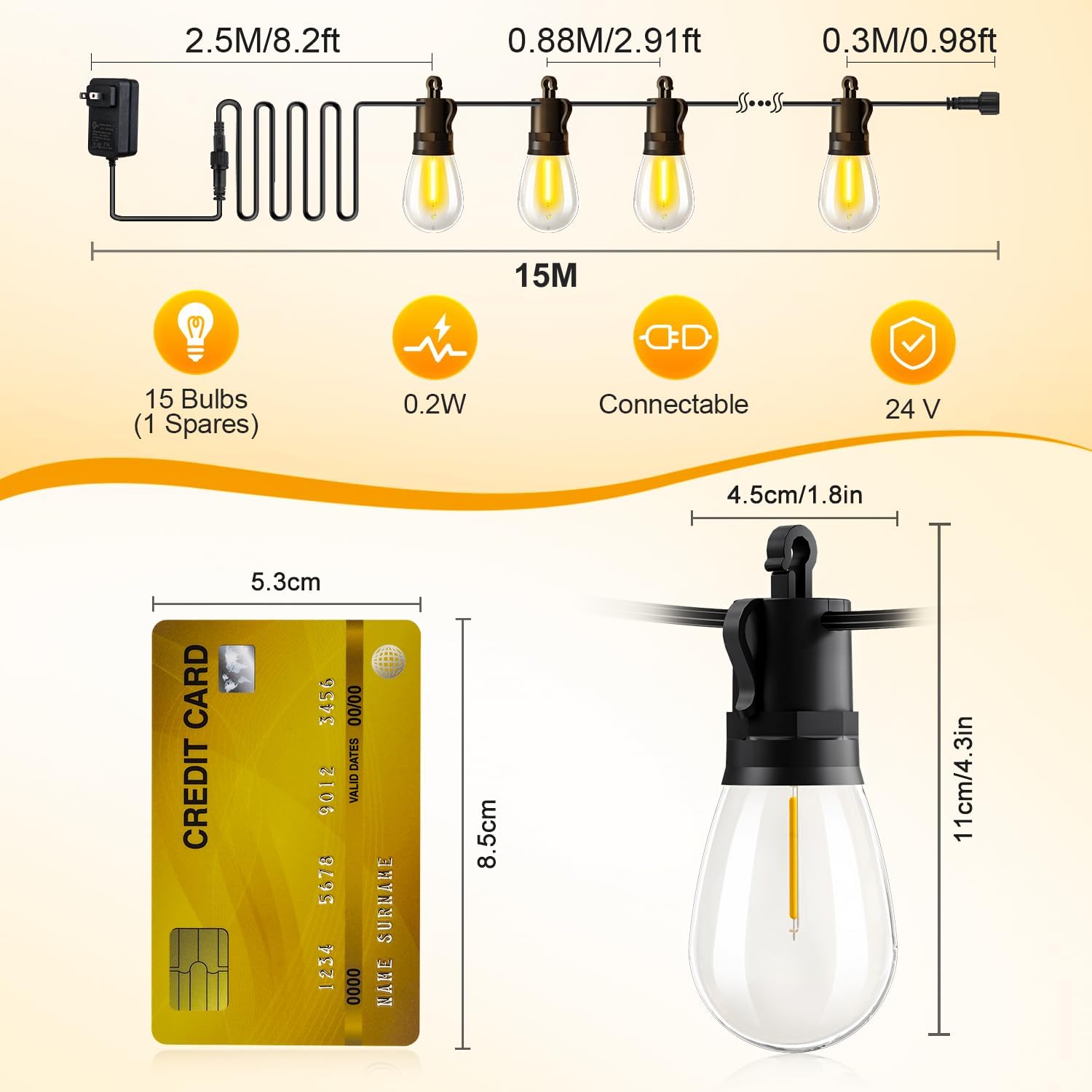 Detalle de TBOSW Outdoor String Lights Patio LED - 50 Ft, 15+1 S14 Edison Bulbs, Waterproof, Remote Dimmable