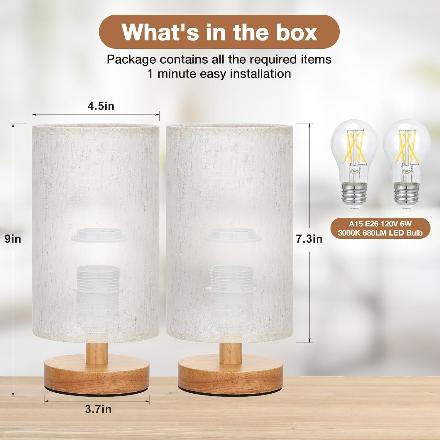 Detalle de Fenmzee yuan20-1 Table Lamps, Set of 2, 9-Inch Cream Linen Shades, Wood Bases