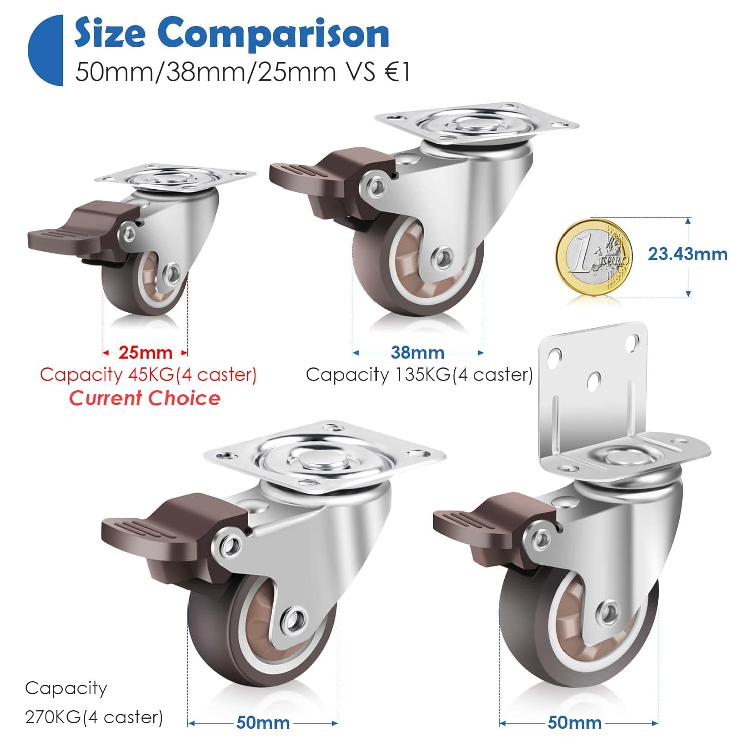 Thumbnail 1 de W B D WEIBIDA 25mm Rotelle per Mobili con Freno – Set di 4