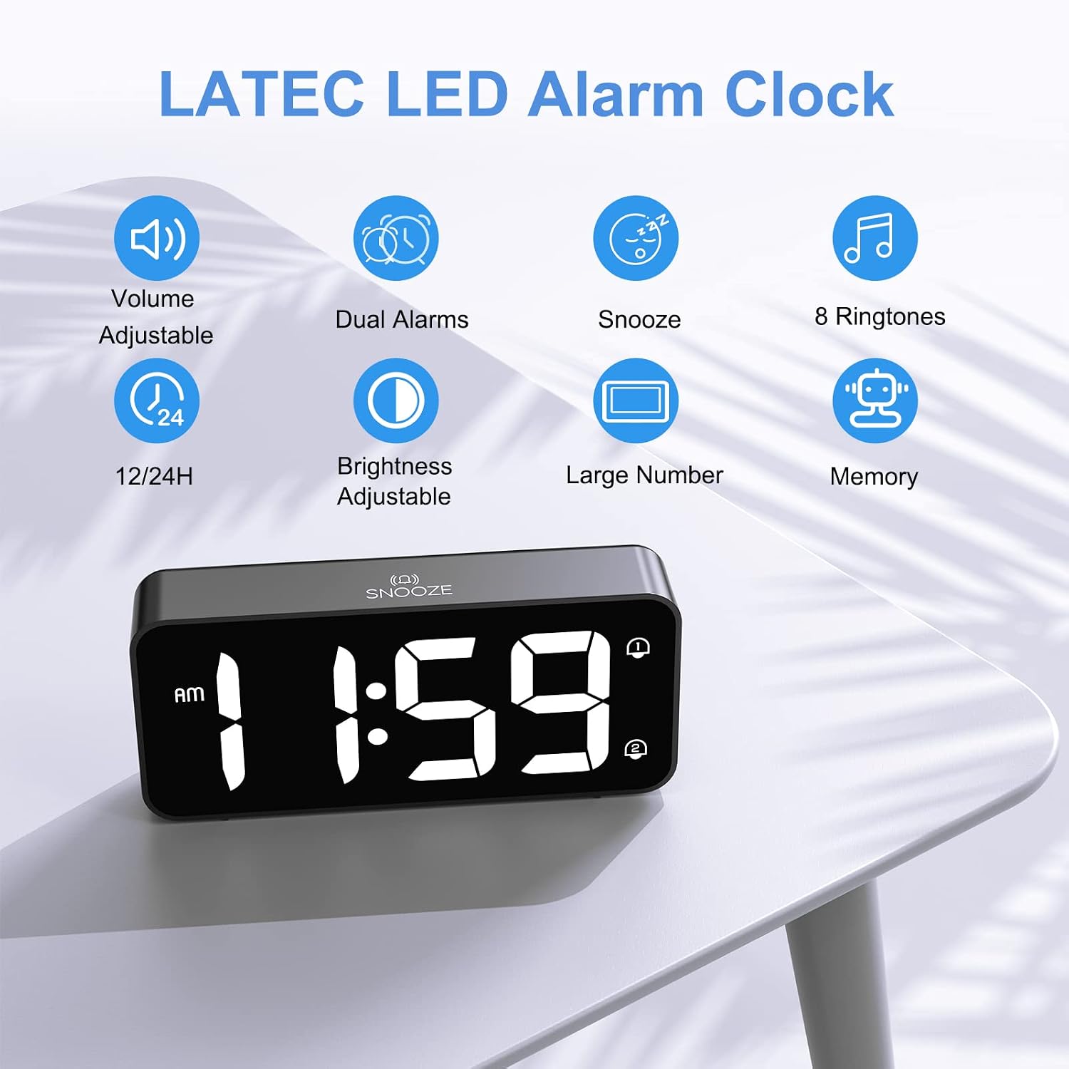 Detalle de LATEC Réveil Numérique LED 5,8" avec luminosité et volume réglables, 2 alarmes et snooze (noir)