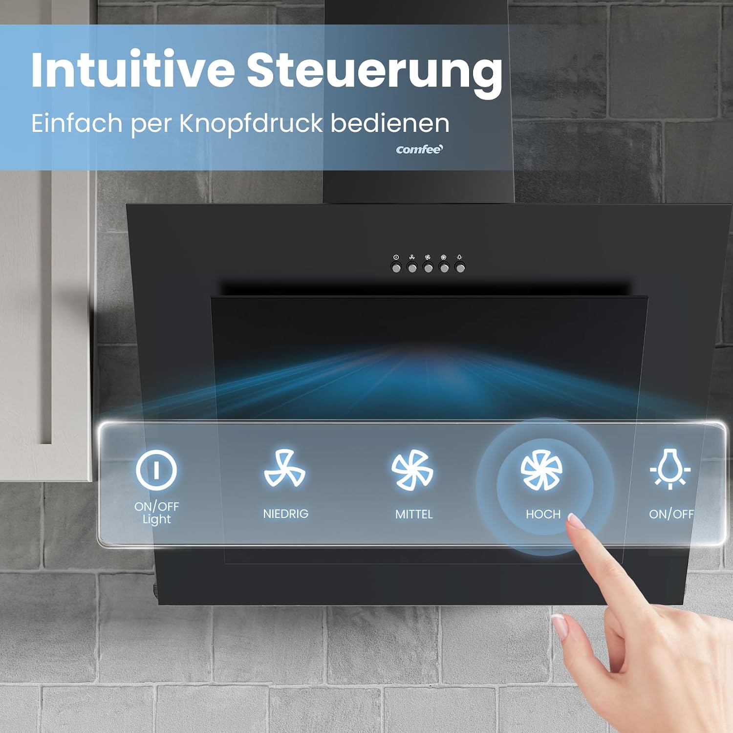 Detalle de COMFEE' CH60J78EM4A2B Dunstabzugshaube 60 cm – Kopffreihaube, Umluft/Abluft, 380 m³/h, LED, Aktivkohlefilter, Schwarz