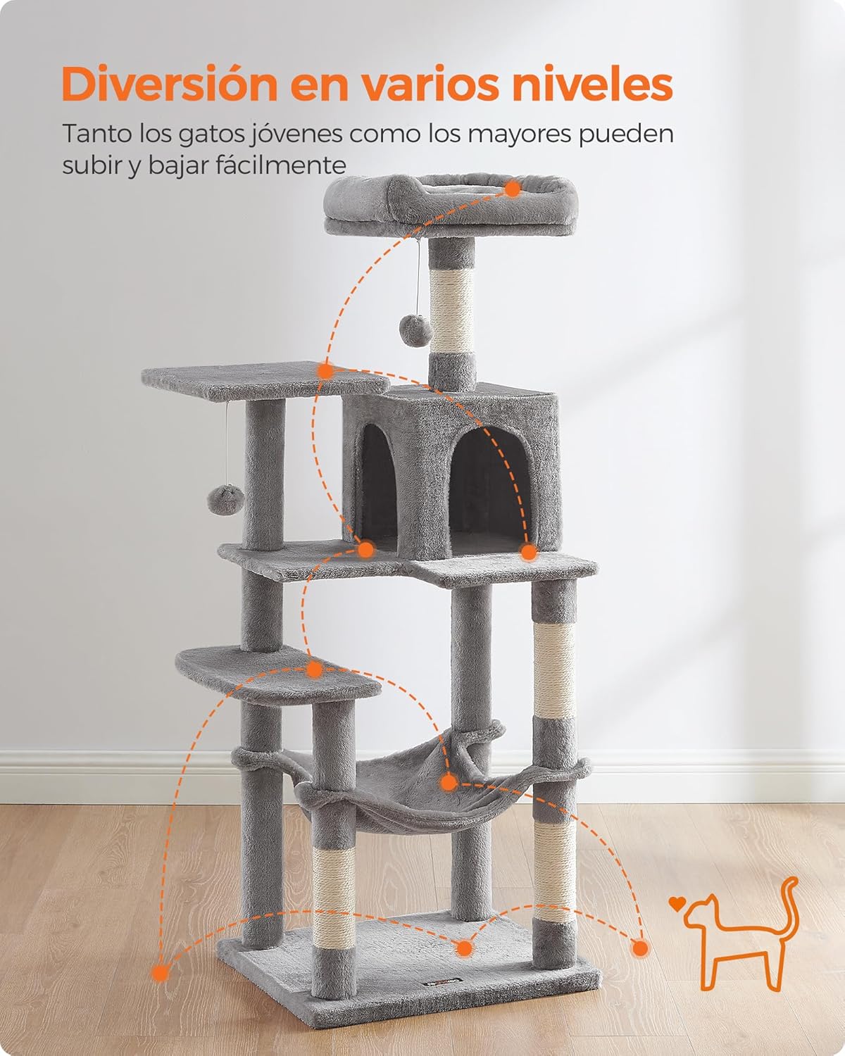 Detalle de Feandrea árbol para gatos PCT161W01, torre multinivel de 143 cm con 2 plataformas, cueva y hamaca (gris claro)