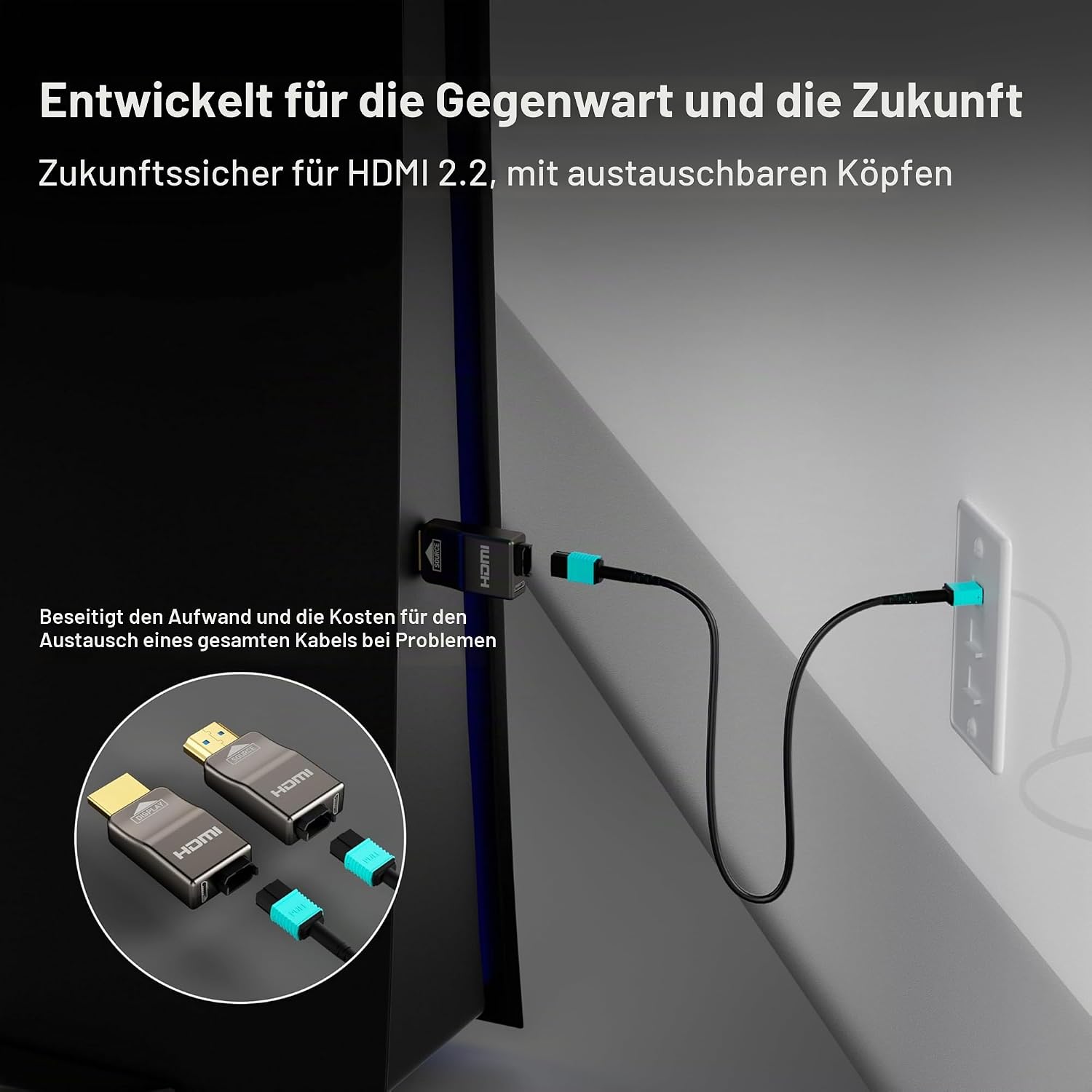 Detalle 2 de RUIPRO HDMI 2.1 Glasfaser-Kabel 8K Ultra High Speed (48 Gbit/s) mit abnehmbarem Stecker, 20 m