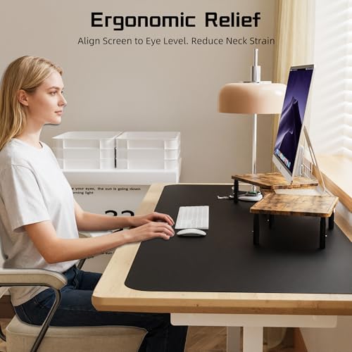 Thumbnail 7 de ETHU Dual Monitor Stand Riser with Drawer 75-103.4cm, Walnut