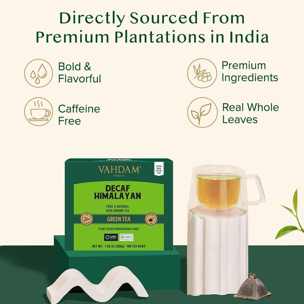 Detalle 2 de VAHDAM Tè Verde Decaffeinato dell’Himalaya in filtri piramidali (100 bustine) – senza caffeina
