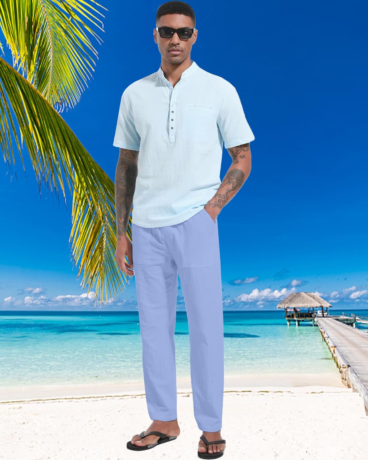 Detalle de LVCBL Leinenhose Herren Sommer Herbst – Lose, bequem mit elastischem Bund