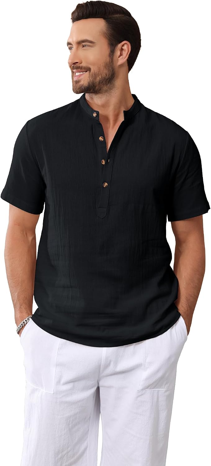 Detalle de YAOBAOLE Chemise Lin Homme Manches Courtes – Henley estival en coton-lin