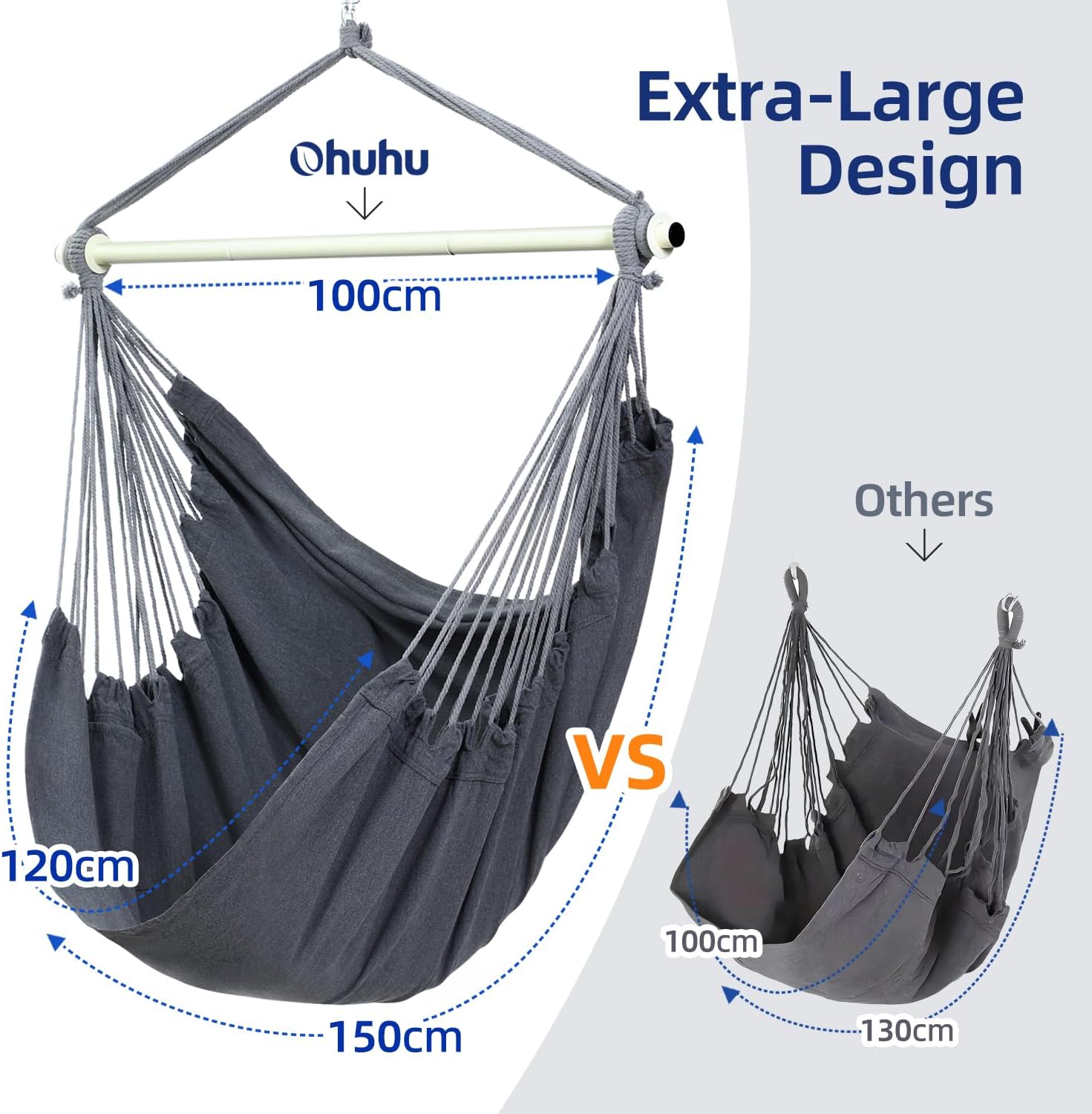 Detalle 2 de Ohuhu XL Hanging Chair Cotton Hammock Swing with Support Bar, Dark Grey (up to 150kg)