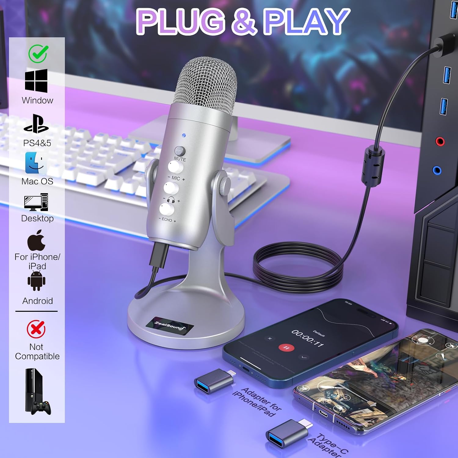 Detalle de ZealSound K66 USB Kondensator-Mikrofon – Plug & Play für PC, Laptop und Handy (Silber)