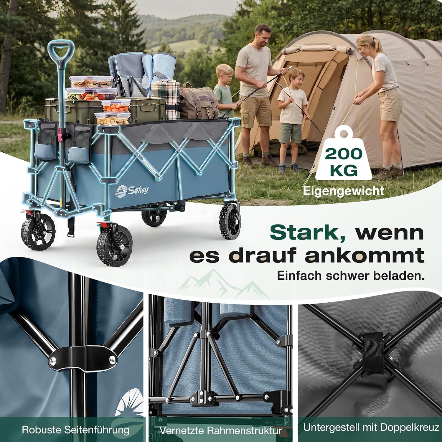 Detalle 2 de Sekey XXL Plus Bollerwagen XXL-PlusG 4010 faltbar (200 l, 200 kg) mit Bremsen – geländetauglich, blau