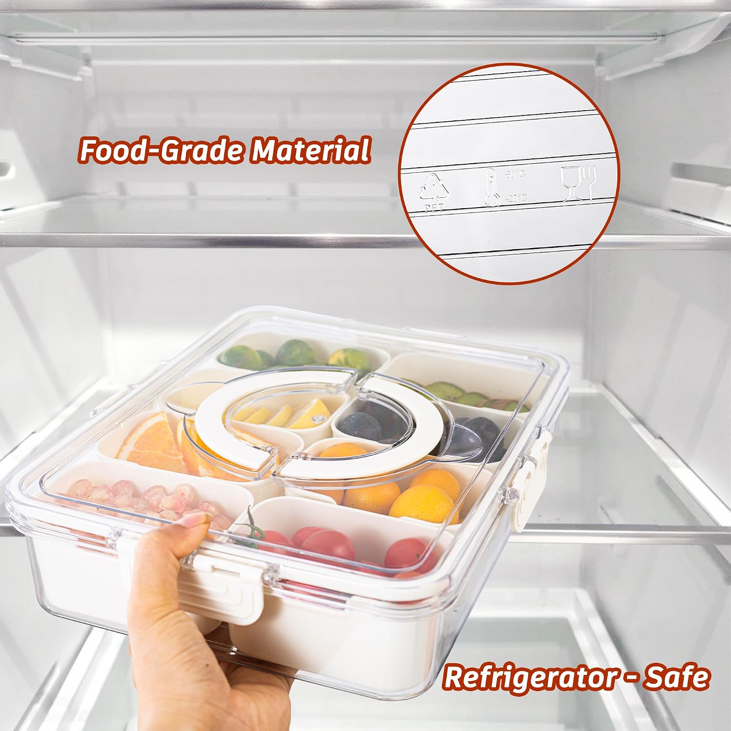 Detalle de Dingerjar Divided Snack Tray with Lid and Handle: Portable Snackle Box for Party Platter Organization