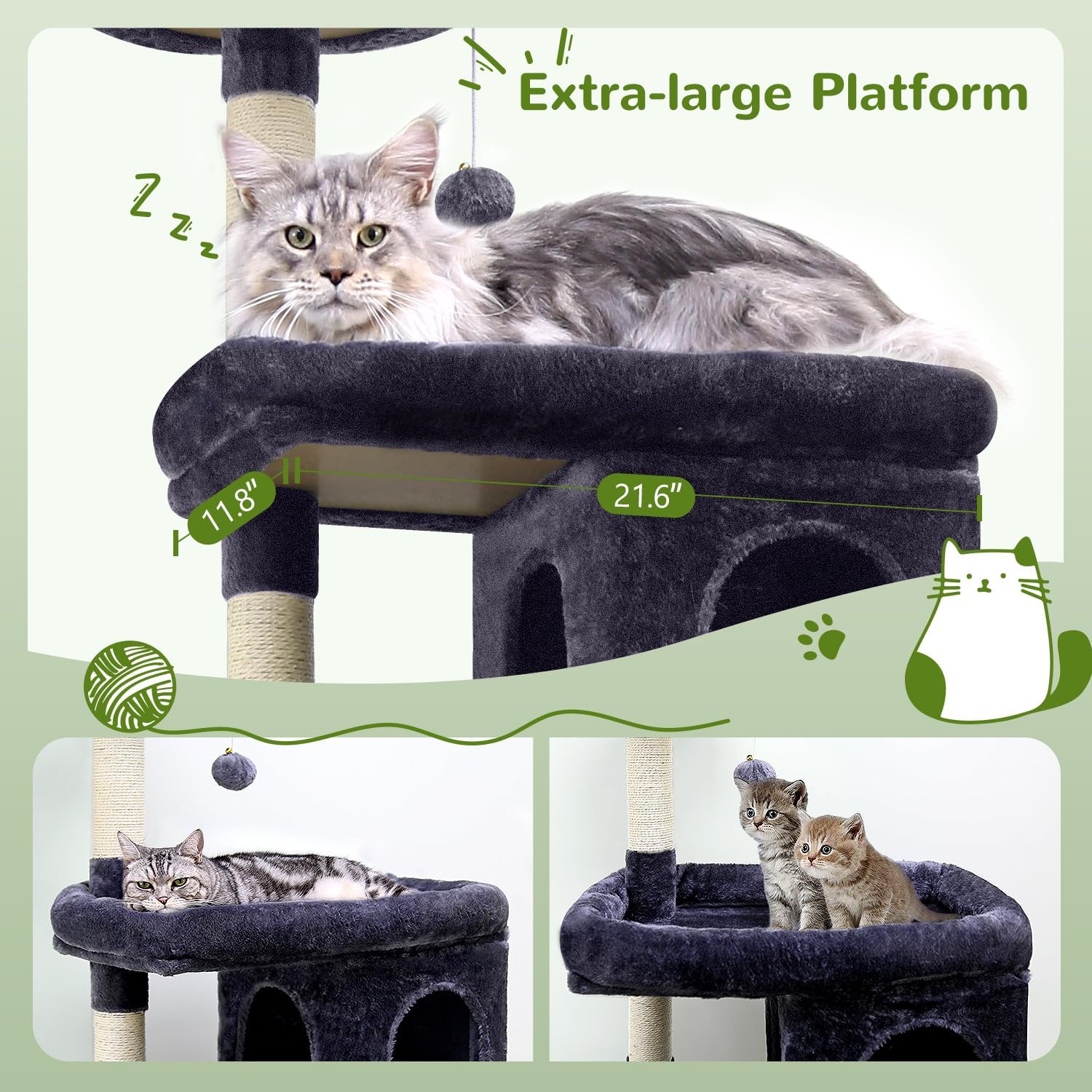 Detalle 2 de Globlazer Arbre à Chat XXL — 183 cm pour Gros Chats (Maine Coon, British Shorthair, Ragdoll) avec Casette, Panier et Grandes Plates-formes