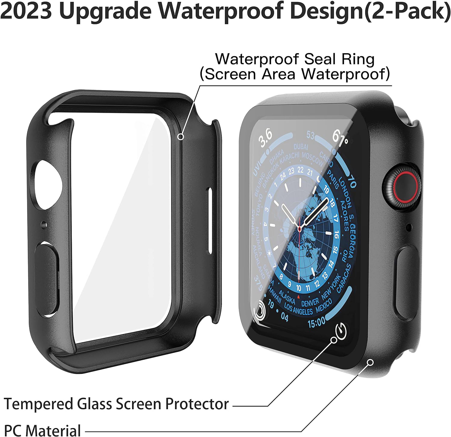 Thumbnail 3 de Misxi 2-Pack Waterproof Hard Case with Tempered Glass for Apple Watch 9/8/7 45mm