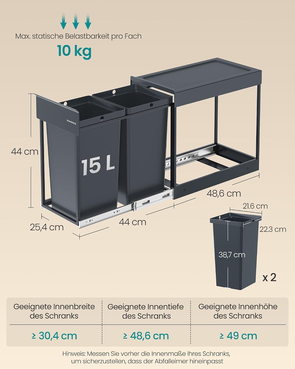 Detalle de SONGMICS LTB950GZ01 Mülleimer für Küchenschrank, Mülltrennsystem mit 2 x 15 L, ausziehbar, grau