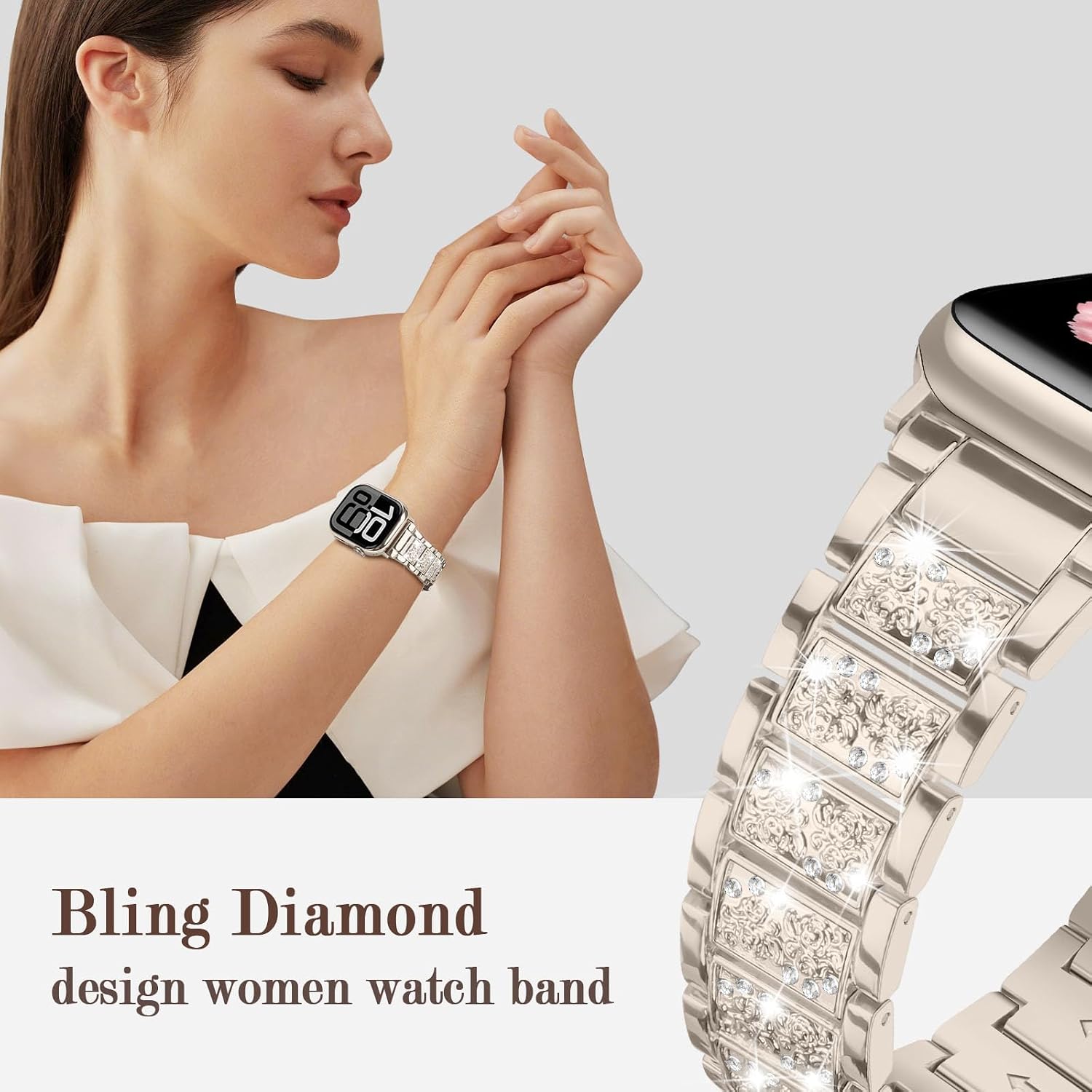 Detalle de Sixmoat Bling Diamond Metal Strap for Apple Watch (38–42mm) – Dressy Rhinestone Bracelet