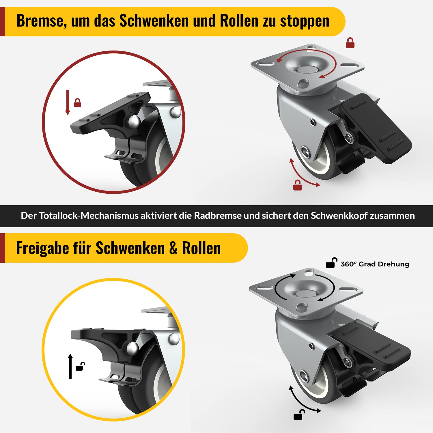 Thumbnail 5 de 50 mm Möbelrollen mit Sicherheitsbremse – 4er Set Schwerlastrollen (2 gebremst, 2 ohne) mit 400 kg Gesamtkapazität