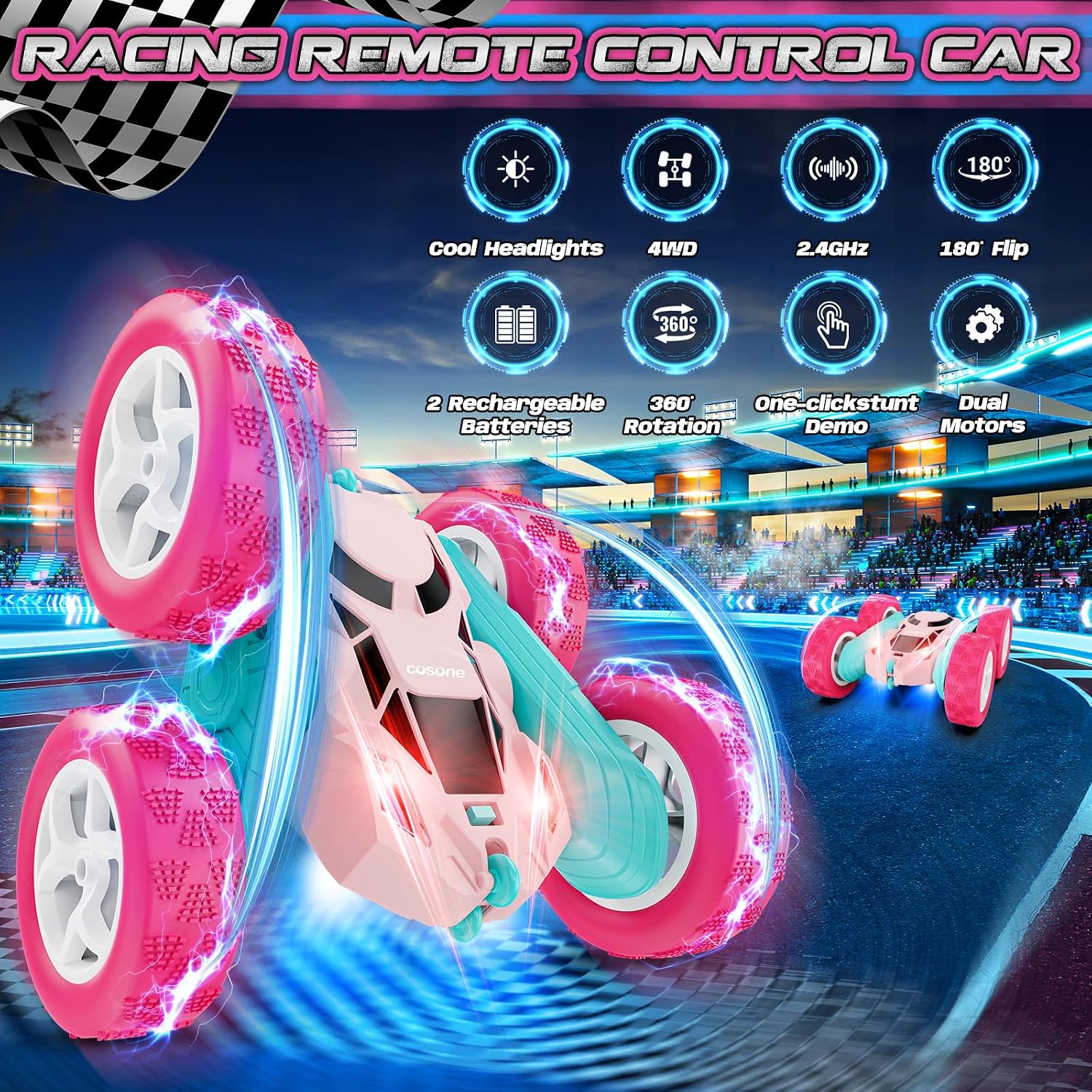 Thumbnail 3 de cosone Rosa ferngesteuertes Auto – 4WD RC Stunt-Car mit LED, 2Modul-Akkus, Anti-Interferenz, 2,4 GHz