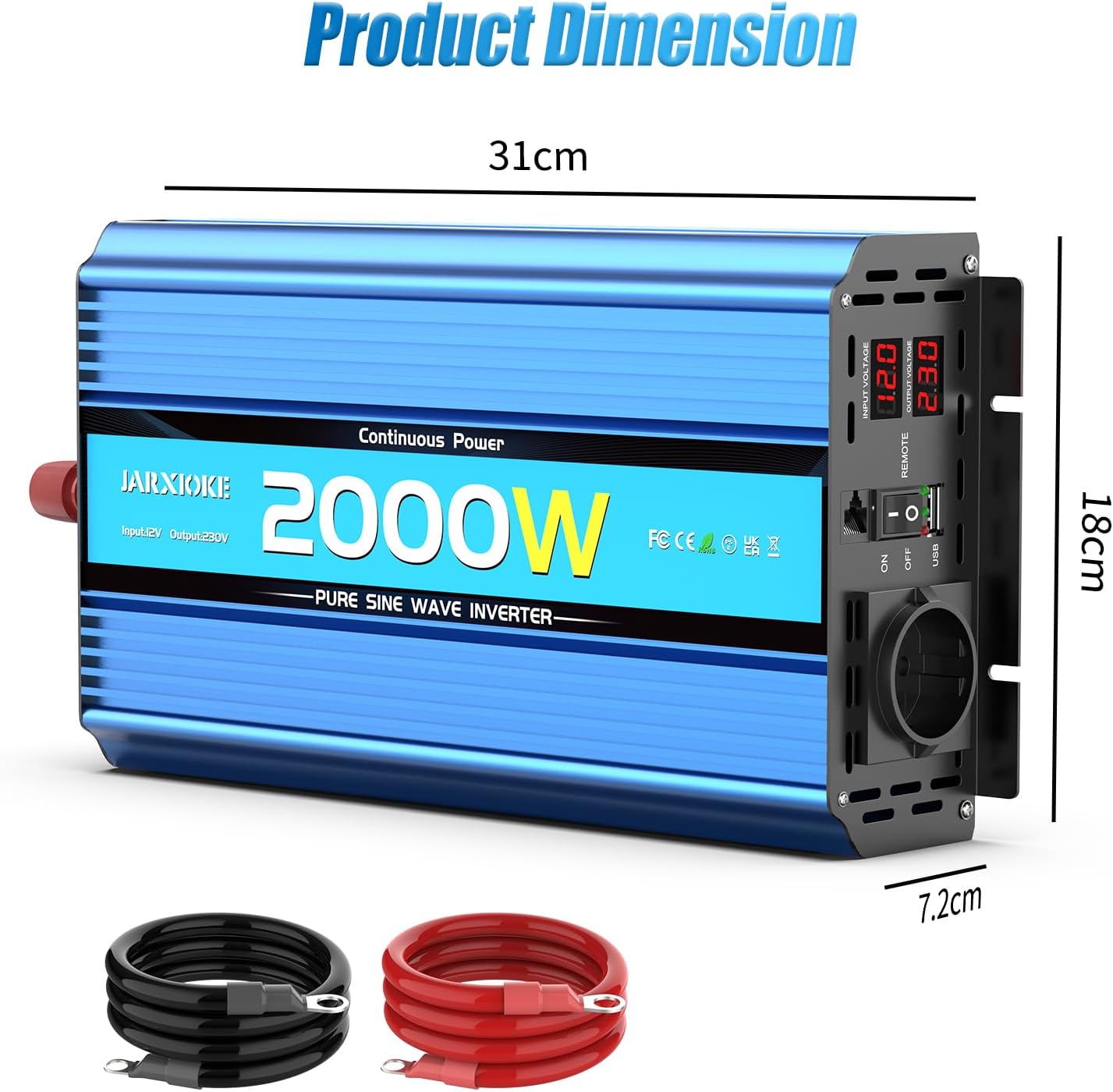 Thumbnail 6 de JARXIOKE Wechselrichter 2000 W Reiner Sinus 12V auf 230V (mit USB, LED-Anzeige, AC-Steckdosen)