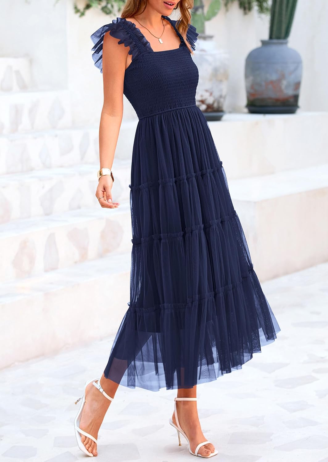 Detalle de PRETTYGARDEN Women's Summer Tulle Midi Dress - Sleeveless Smocked Ruffle Flowy Mesh Sundress