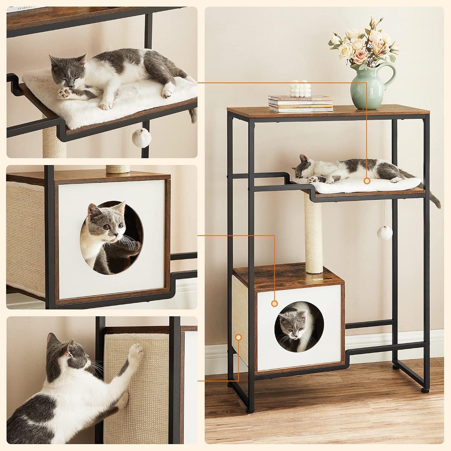 Thumbnail 6 de FEANDREA Arbre à Chat, Maison, Niche, Gain de Place – Marron Rustique PCT112X01
