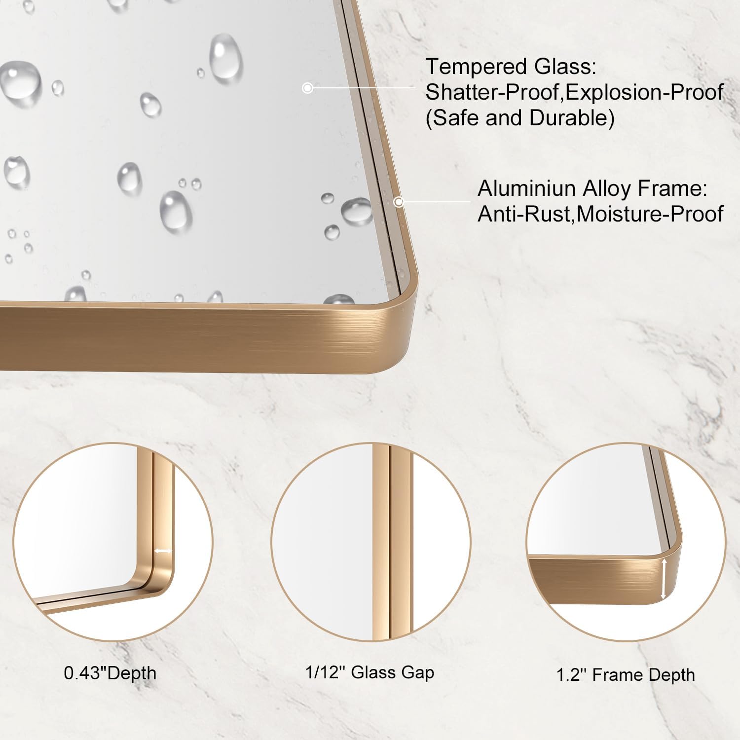 Thumbnail 4 de LOAAO 28”x36” Gold Bathroom Mirror with Rounded Rectangle Frame