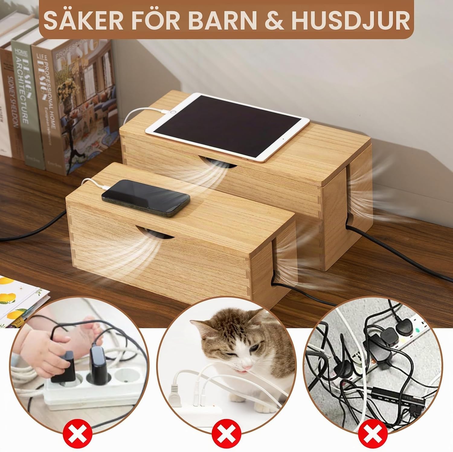 Detalle 2 de KIRIGEN kabelbox i massivt Paulowniaträ, 2-pack i natur