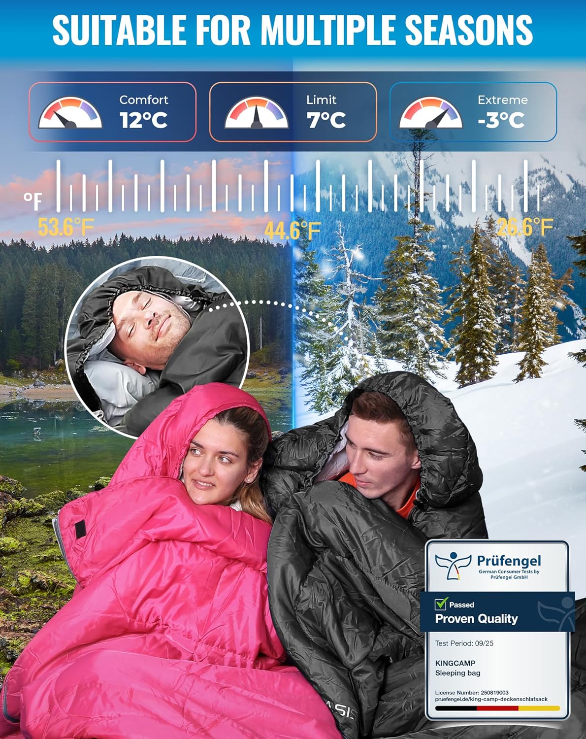 Thumbnail 2 de KingCamp Oasis 3–4 Season Waterproof Sleeping Bag (Left-Right Connectable) for Kids & Adults