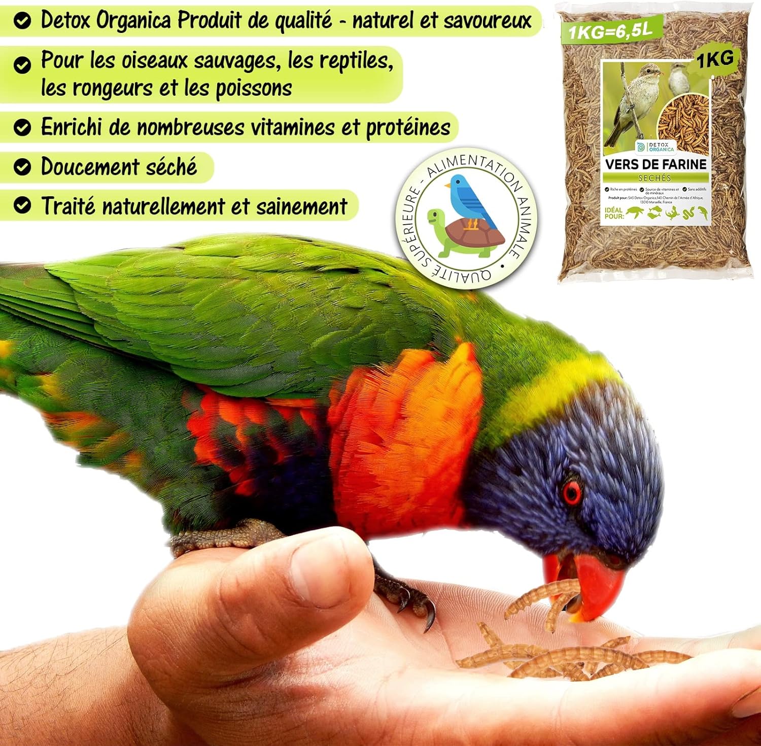 Detalle de Detox Organica-vers de Farine Séchés – 1 kg, friandises protéinées pour oiseaux, poissons, reptiles et petits animaux