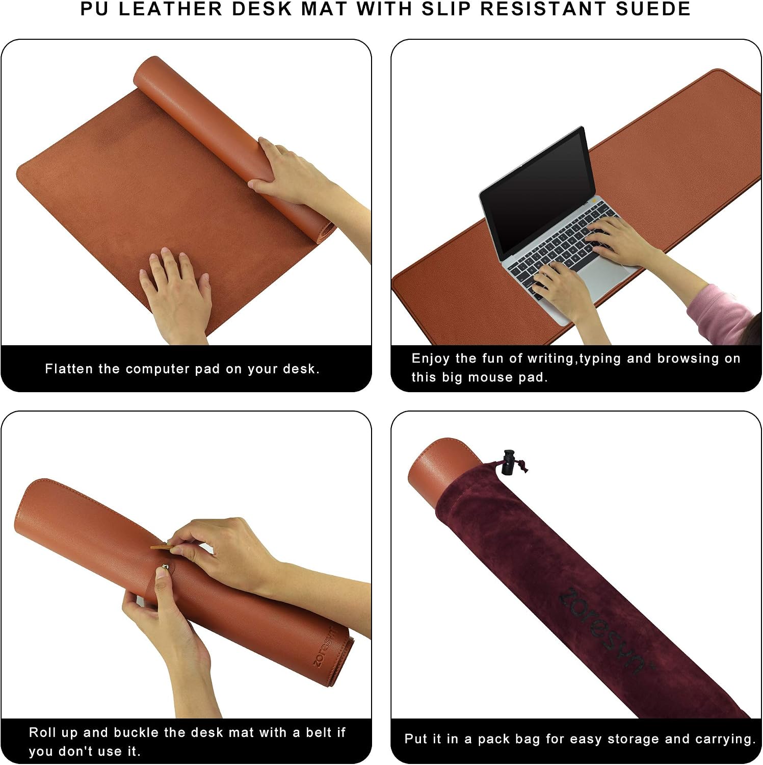 Thumbnail 6 de ZORESYN XXL Büromatte aus PU-Leder 120x40 cm Braun – rutschhemmend, wasserdicht, Tischschutz mit Premiumkanten