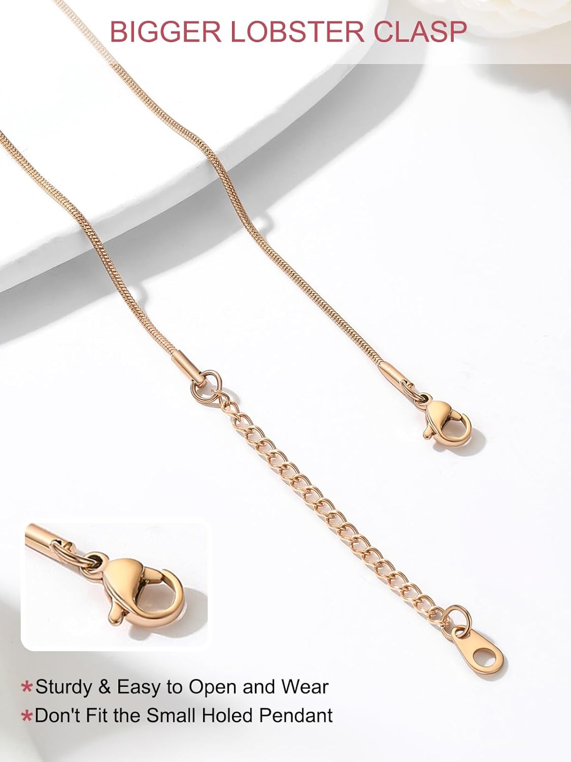 Detalle de FOCALOOK Collier Chaîne Serpent Femme Fine 1,2 mm – Acier Inoxydable, 60 cm + 5 cm d’extension, options Argent/Or/Noir/Or Rose