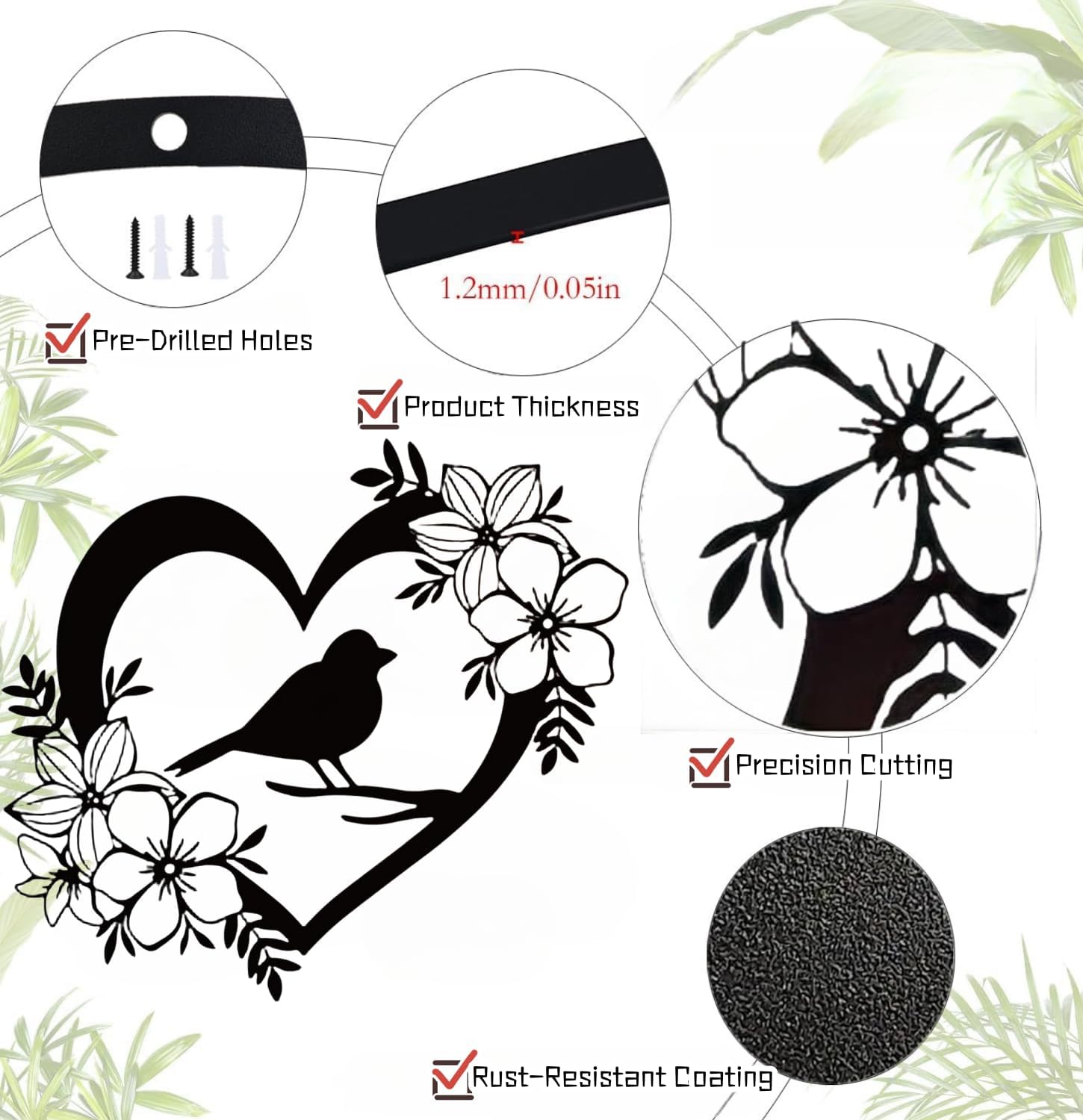 Detalle 2 de BGJJGT Metal Bird Wall Decor (Black), Heart-Shaped Garden Wall Art for Outdoor & Indoor Walls
