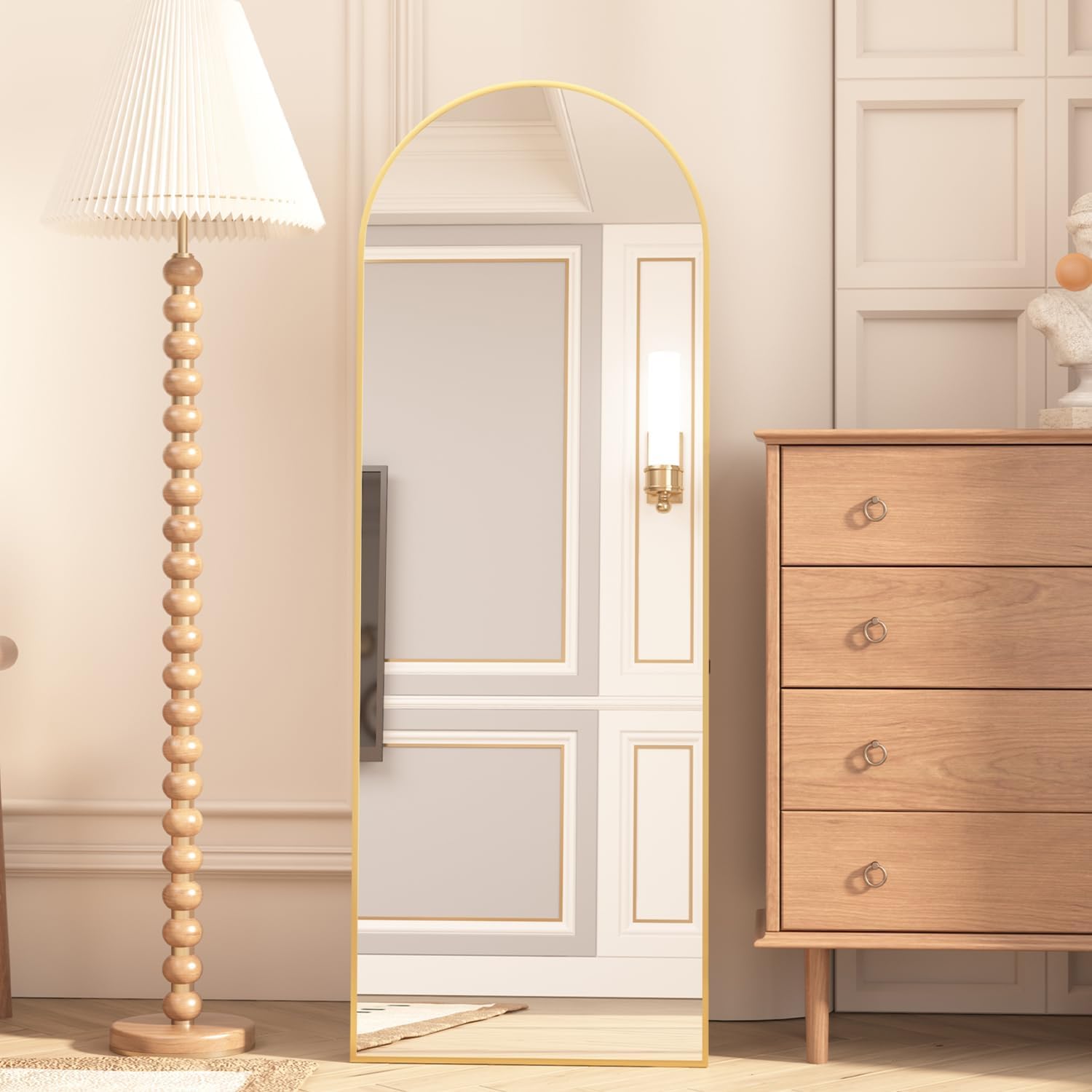 Detalle de Elemango Full length Floor Mirror, vloerspiegel met boog, aluminium frame, goud