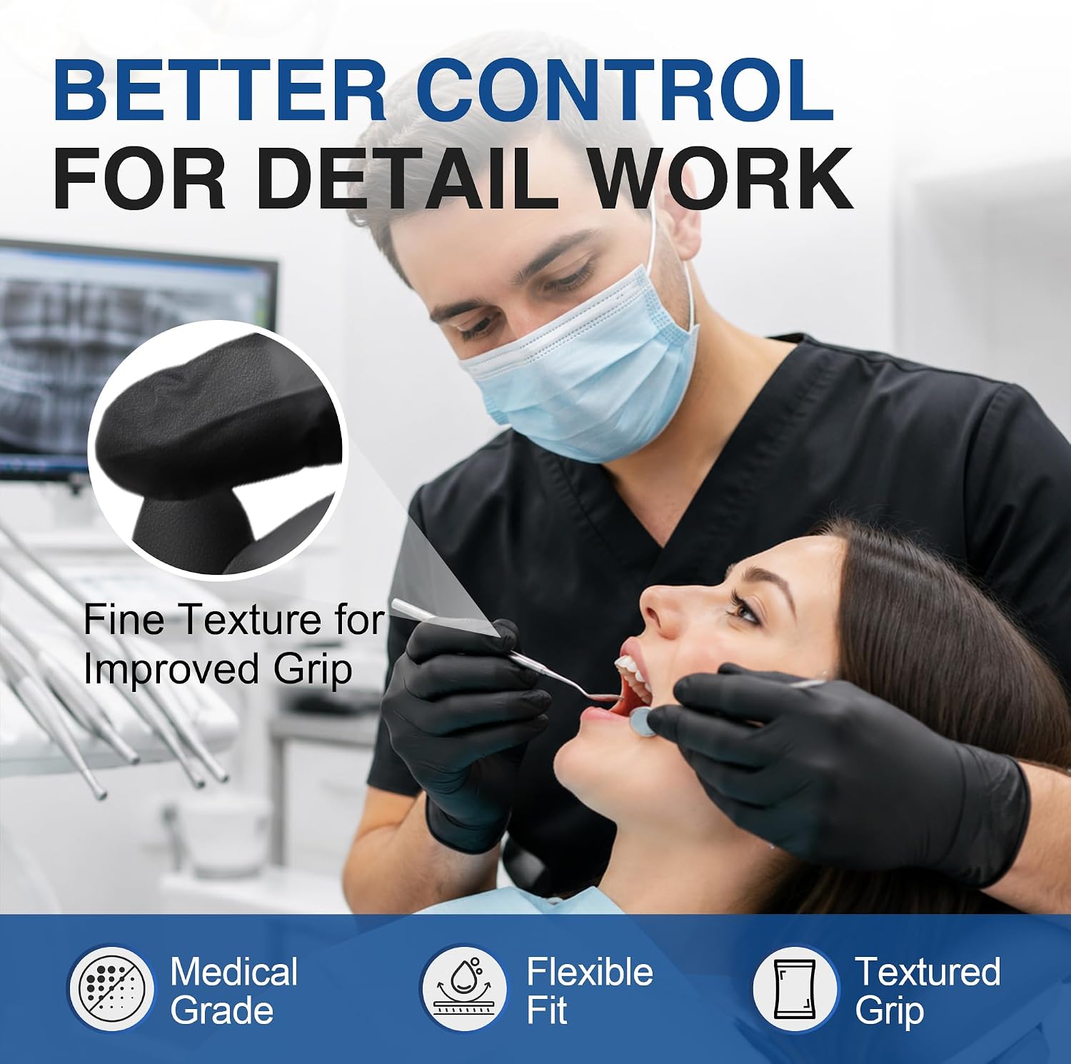 Detalle de Schneider Medical Black Nitrile Gloves: Powder Free, Latex Free, 2.5 mil Exam-Grade (S–XL)