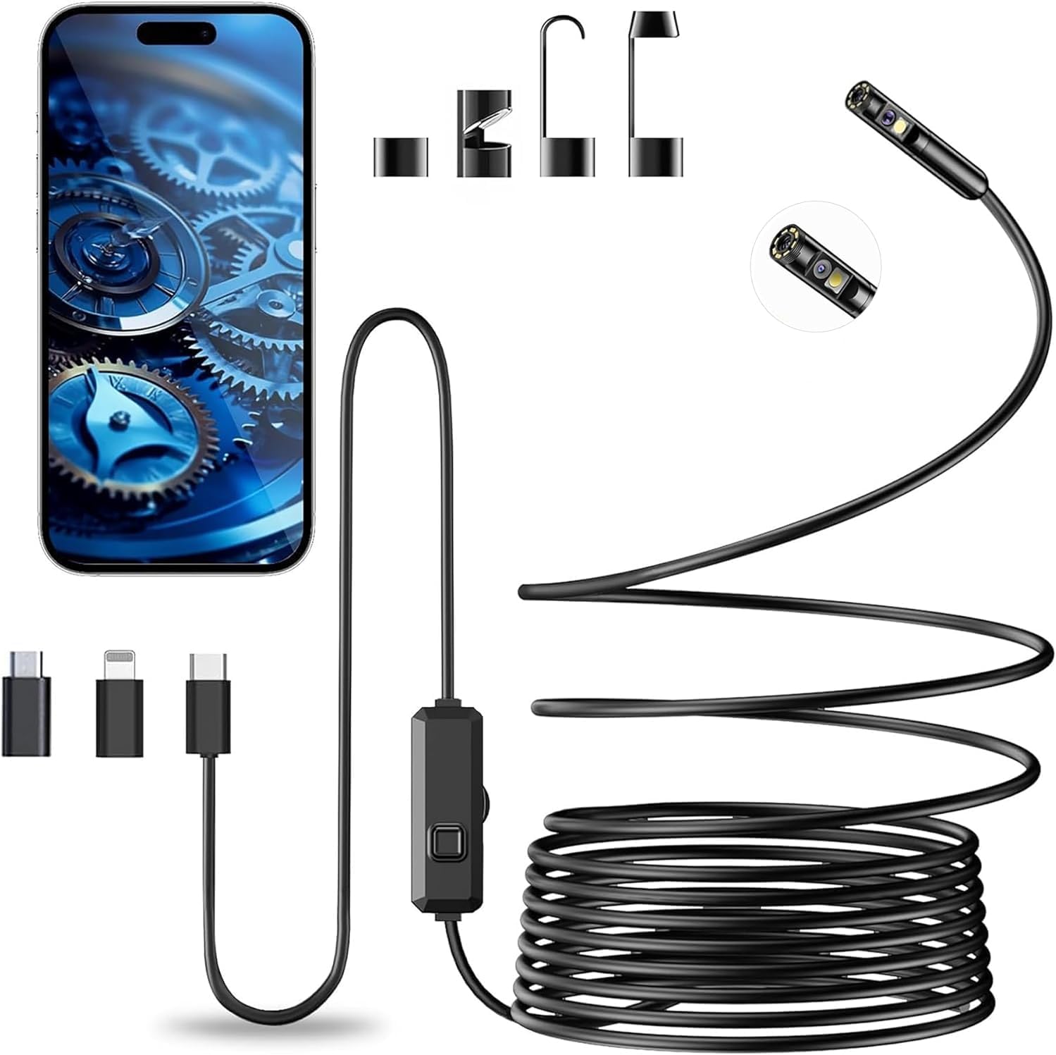 Detalle de Vexloria Endoscopio per Smartphone con doppia lente 1920P HD, IP68 e 8 LED