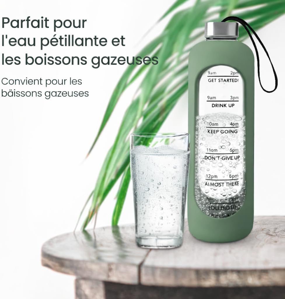 Thumbnail 3 de Amalindo gourde en verre 1 l – vert olive, avec brosse et coque silicone