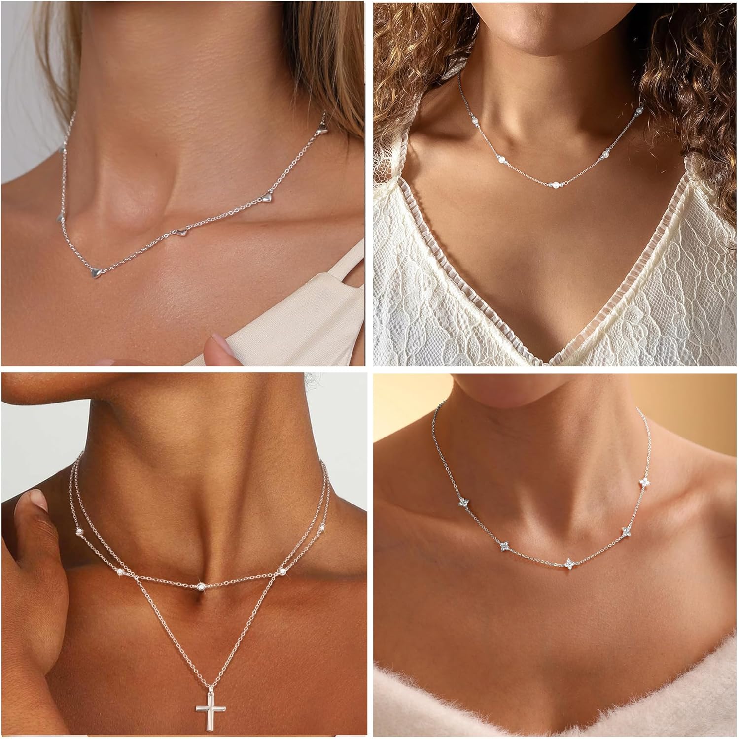 Thumbnail 5 de HARJJME Damen Halskette Gold & Silber (925, 14K vergoldet) mit Kleeblatt, Herz & Cubic Zirkonia – Choker Charm Kette