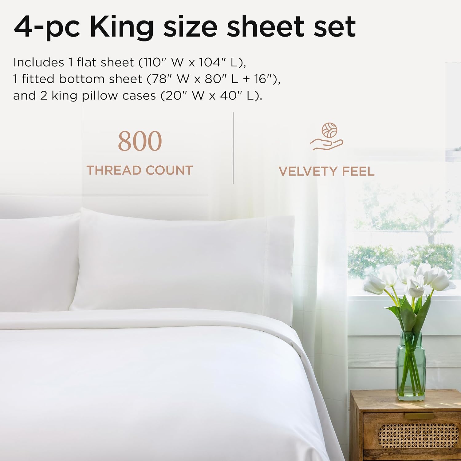 Thumbnail 1 de Threadmill Luxury 800 Thread Count King 100% Cotton Sateen Sheet Set (Hotel White) — 4-Piece, Deep Pocket