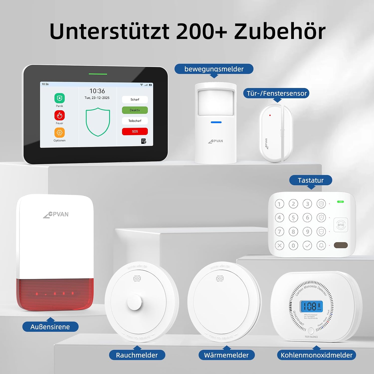 Detalle de CPVAN GSM+WiFi Alarmanlage fürs Haus mit 7-Zoll Touchscreen, App/SMS/Anruf, 110 dB