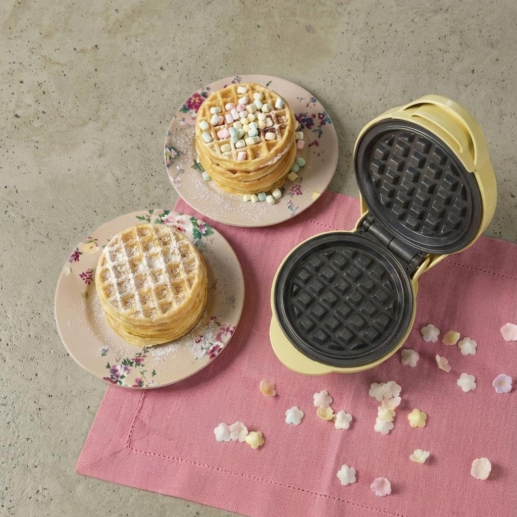 Detalle de Bestron AMW500V mini waffle maker da 10 cm da 550 W con rivestimento antiaderente (giallo)
